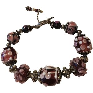 🩵 Handcrafted Pink Red Art Glass Bracelet w/Toggle Clasp